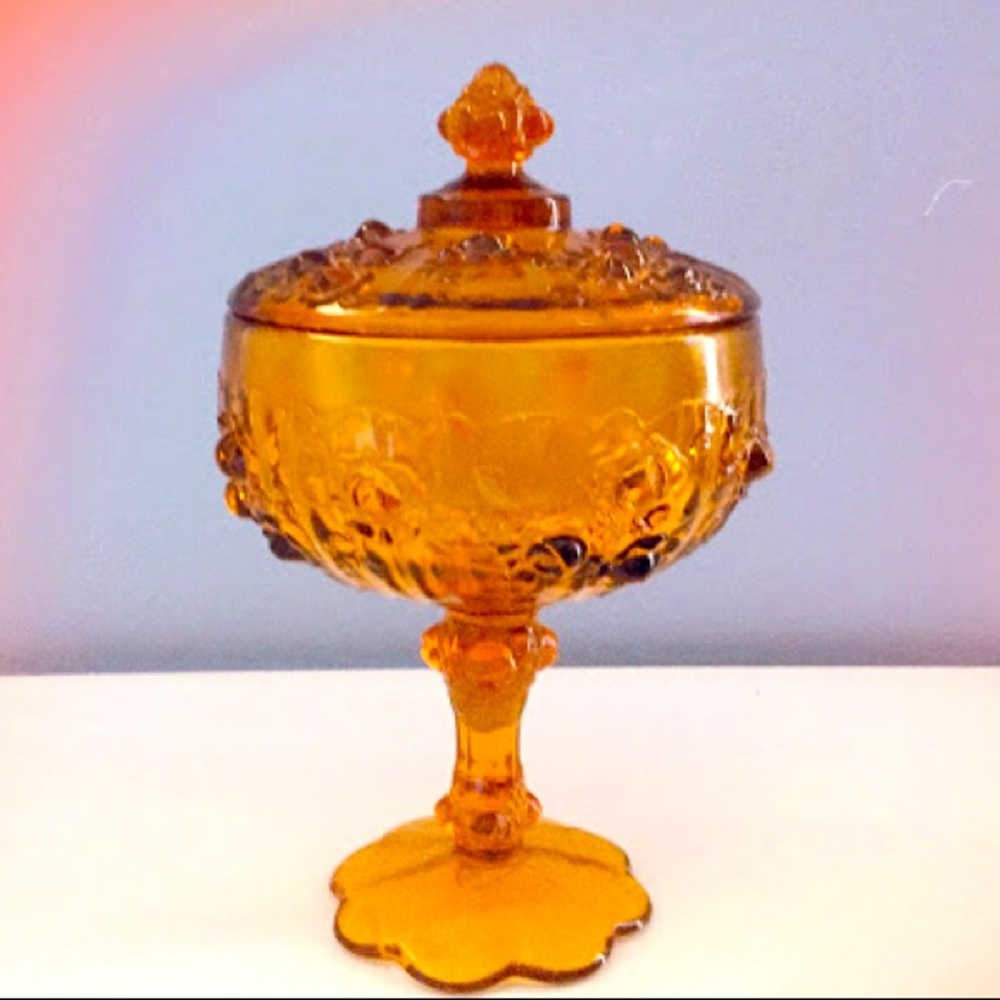 Vintage Fenton Amber Glass Footed Candy Dish Bowl